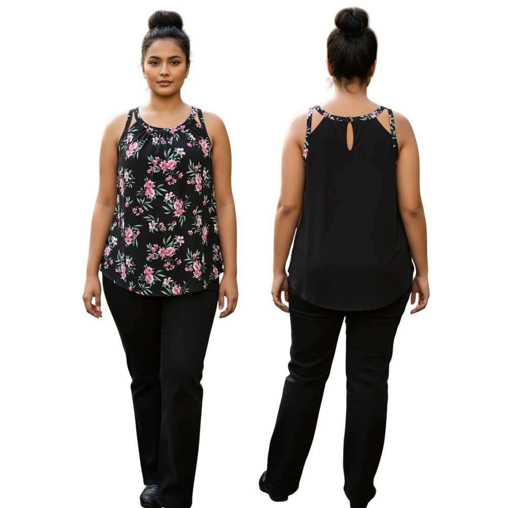 Torrid‎ Womens Floral Keyhole Back Tank Top Black Pink Plus Size 2 2X 18